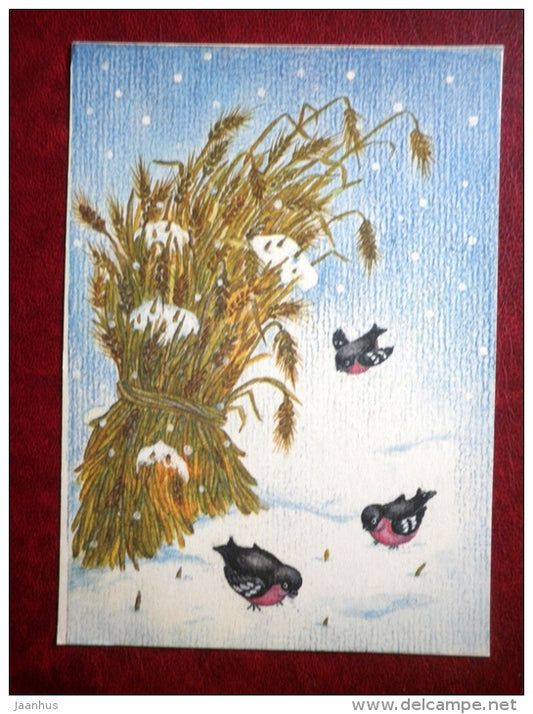 New Year greeting card - bullfinches - birds - 1987 - Estonia USSR - used - JH Postcards