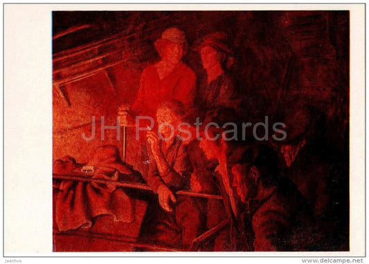 painting by V. Myasoedov - Monchegorsk Metallurgistst , 1977 - factory - russian art - unused - JH Postcards