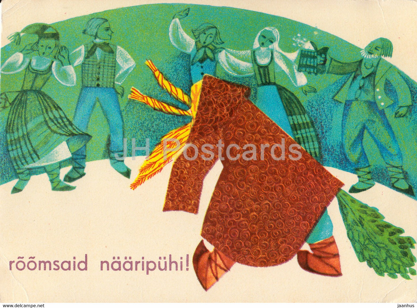 New Year Greeting Card by I. Sampu Raudsepp - folk costumes - Yule goat - 1 - 1968 - Estonia USSR - used - JH Postcards