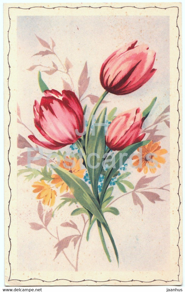 flowers - red tulip - 13 - illustration - old postcard - France - unused - JH Postcards