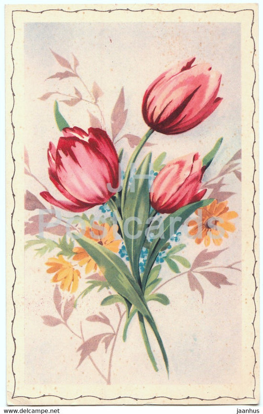 flowers - red tulip - 13 - illustration - old postcard - France - unused - JH Postcards