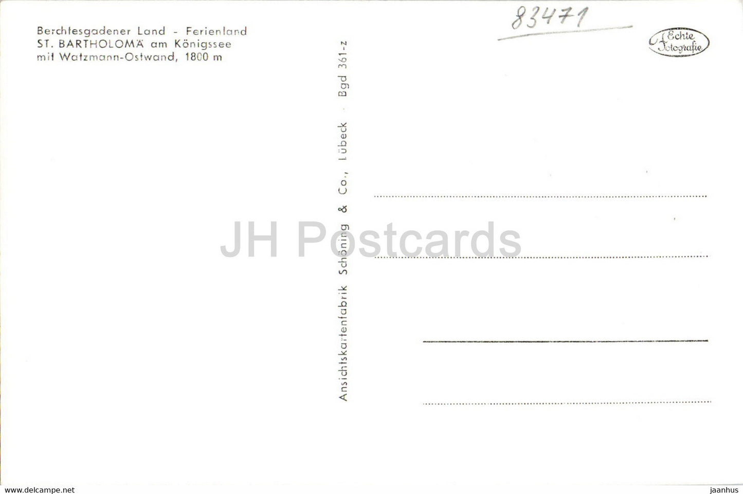 St Bartholoma am Konigssee mit Watzmann Ostwand 1800 m - old postcard - Germany - unused