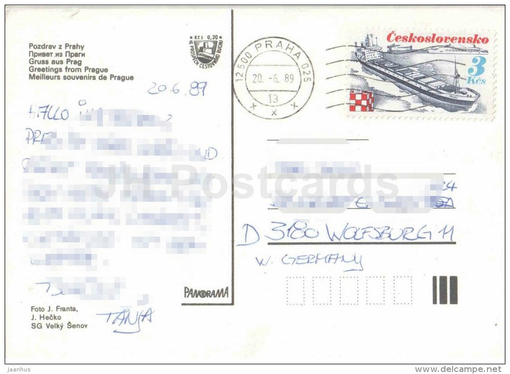 Greetings from Prague - bridge - Czechoslovakia - Czech - used 1989 - JH Postcards