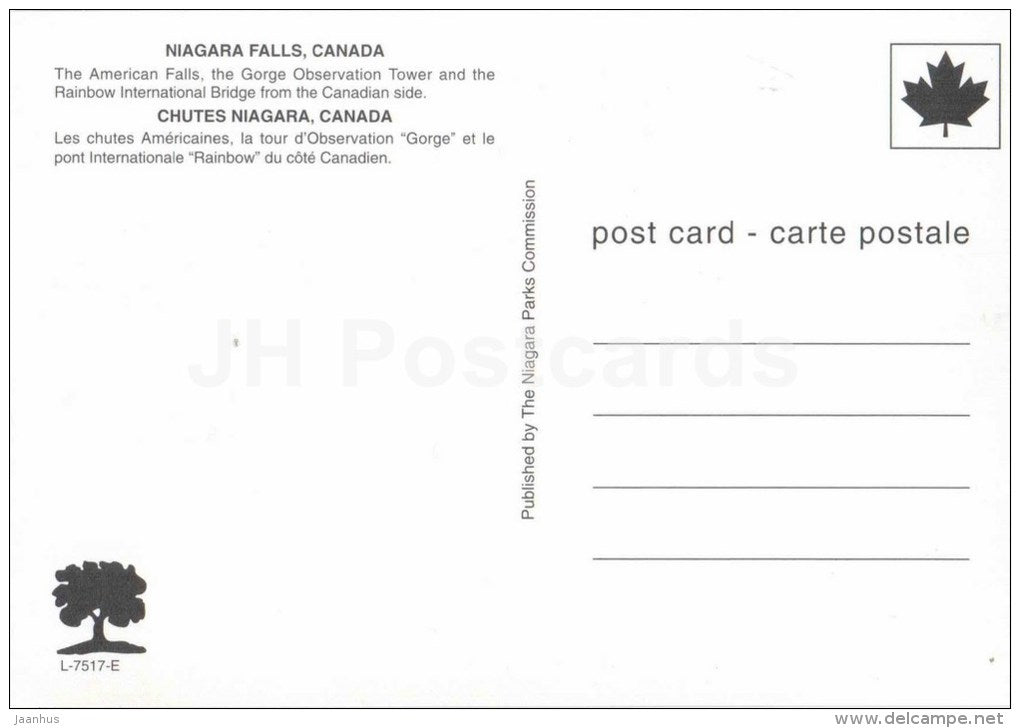 The Gorge Observation Tower - waterfall - Niagara Falls - Canada - unused - JH Postcards