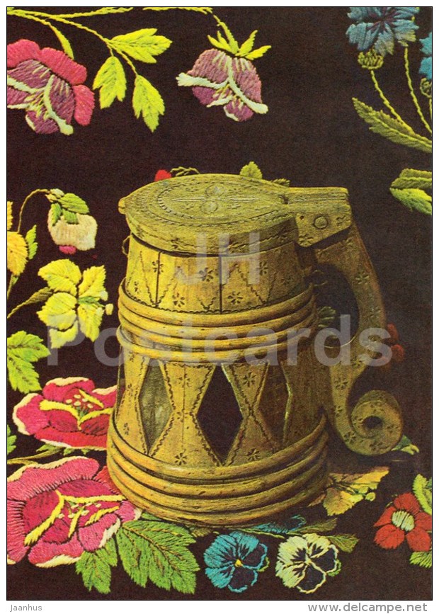 New Year Greeting card - 1 - beer mug - embroidered quilt - 1983 - Estonia USSR - used - JH Postcards