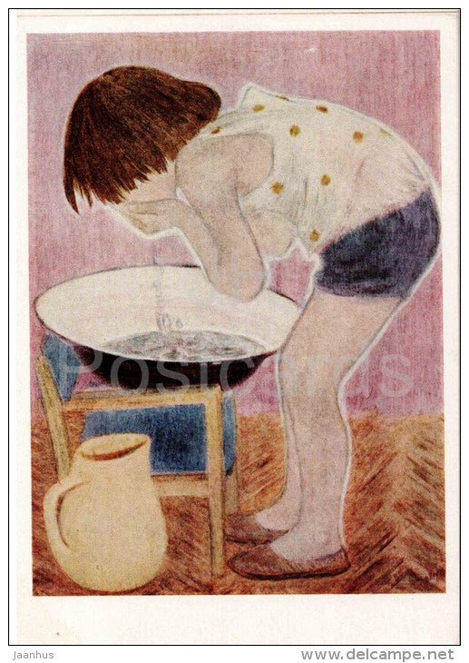 painting by V. Nazina - Early in the Morning , 1964 - washing - child - russian art - unused - JH Postcards