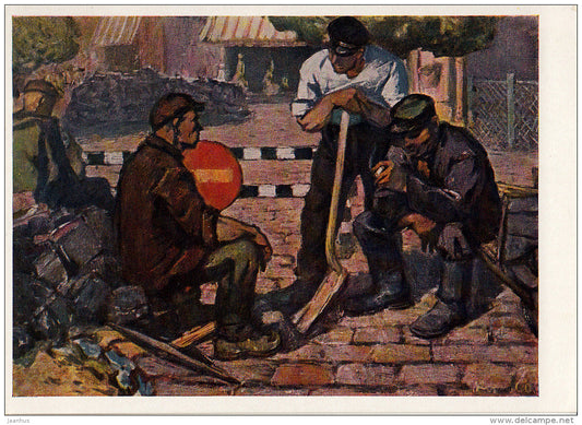 painting by N. Kormashov - Road Workers , 1960 - Estonian Art - 1961 - Russia USSR - unused - JH Postcards