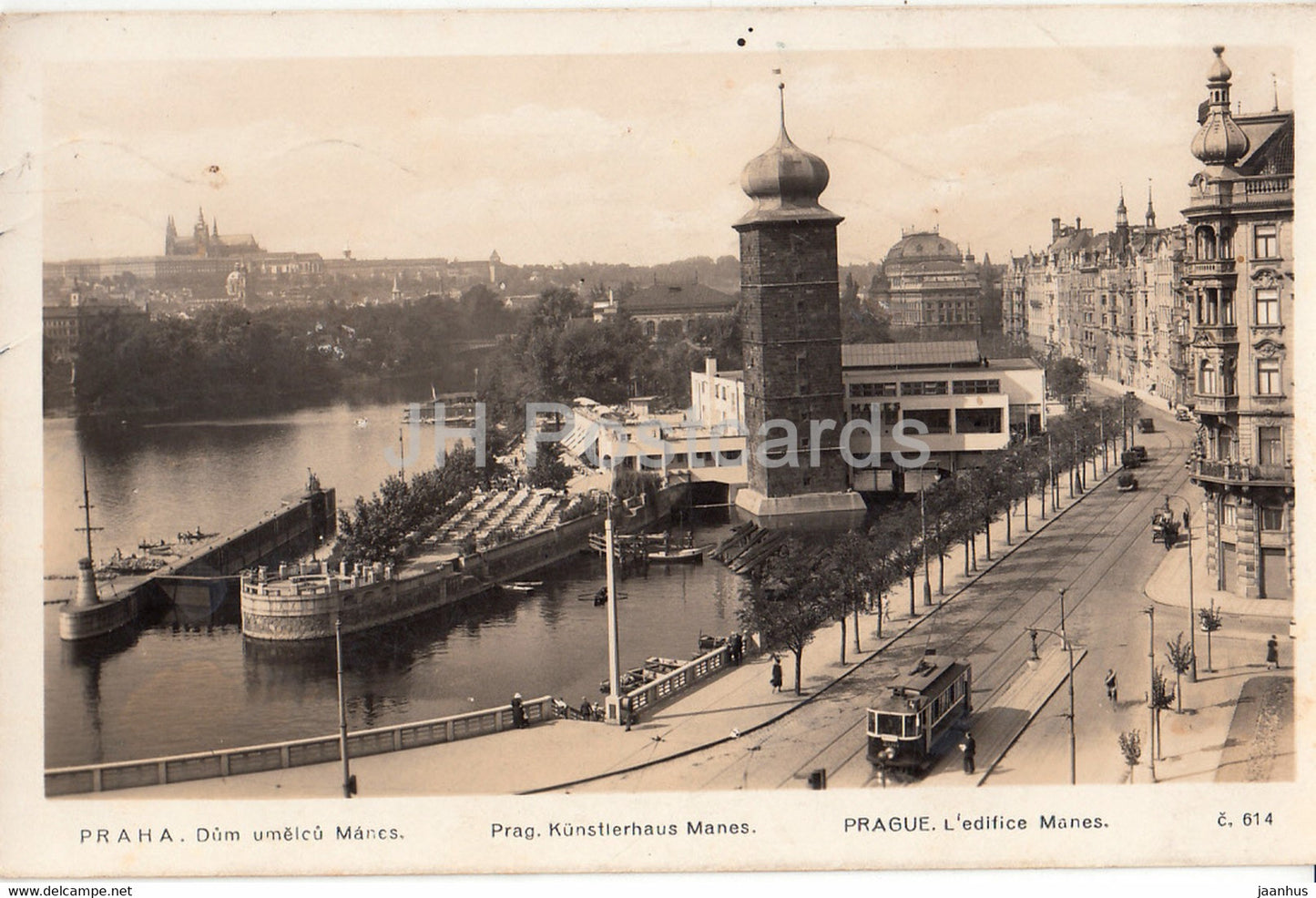 Praha - Prague - Dum umelcu Manes - Kunstlerhaus - tram - 614 - old postcard - 1935 - Czech Republic - used - JH Postcards
