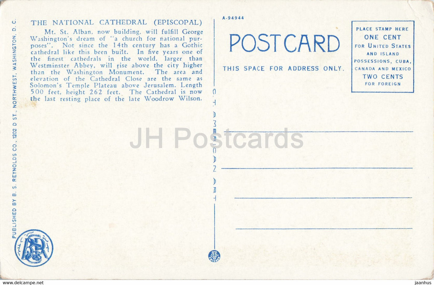 Washington DC - La Cathédrale nationale SS Pierre et Paul la nuit - carte postale ancienne - Etats-Unis - inutilisée