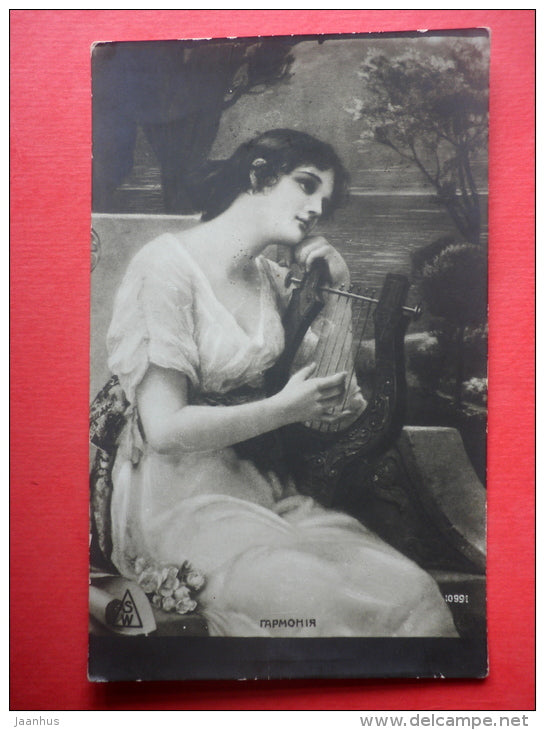 painting - Harmony - woman - lyre - 10991 - art - sent to Estonia Reval Imperial Russia 1912 - JH Postcards