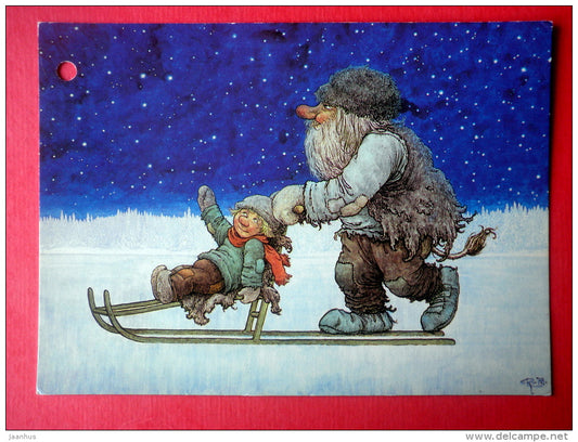 Christmas Greeting Card by Rolf Lidberg - the push sledge - Sweden - circulated in Finland 1980 - JH Postcards