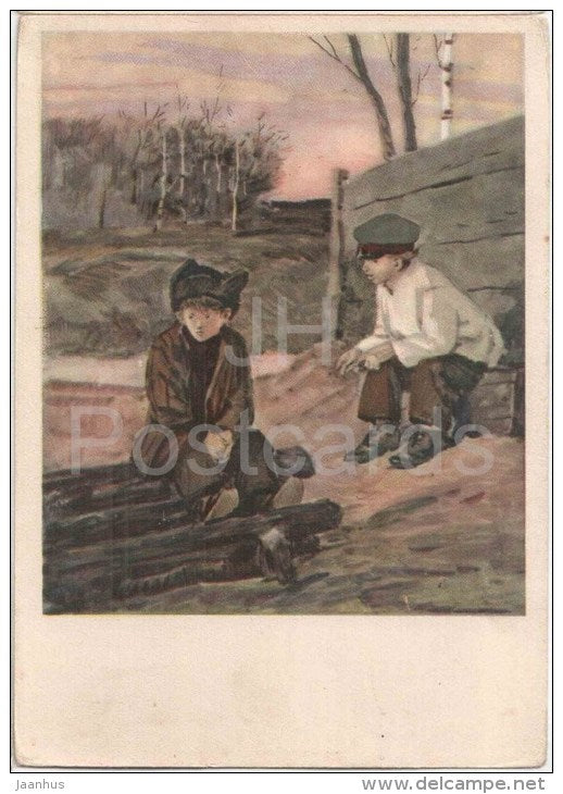 illustration by D. Dubinsky - The Evening - Distant Countries by A. Gaidar - boys - russian art - unused - JH Postcards