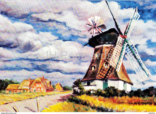 painting by Heinz Mroncz - Muhle Wrixum auf Fohr - windmill - German art - Germany - unused - JH Postcards