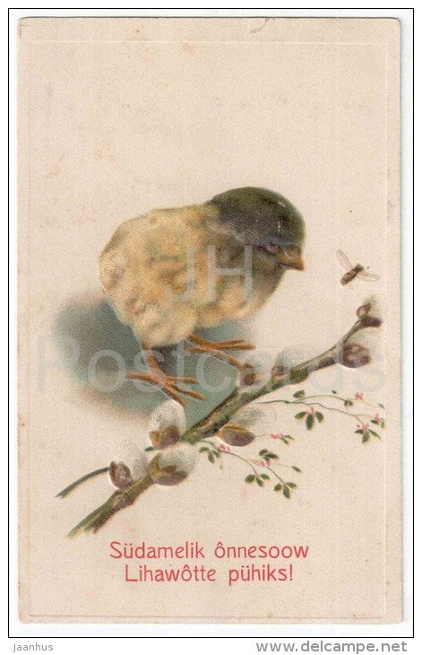Easter Greeting Card - catkins - chicken - embossed - Serie 3598 - circulated in Imperial Russia Estonia Jurjew 1913 - JH Postcards