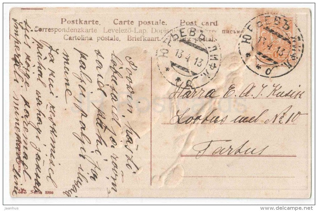 Easter Greeting Card - catkins - chicken - embossed - Serie 3598 - circulated in Imperial Russia Estonia Jurjew 1913 - JH Postcards