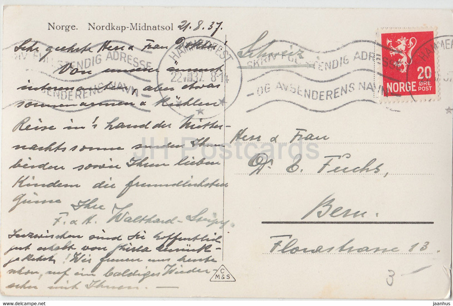 Nordkap - Midnatsol - 136 - carte postale ancienne - 1937 - Norvège - utilisé