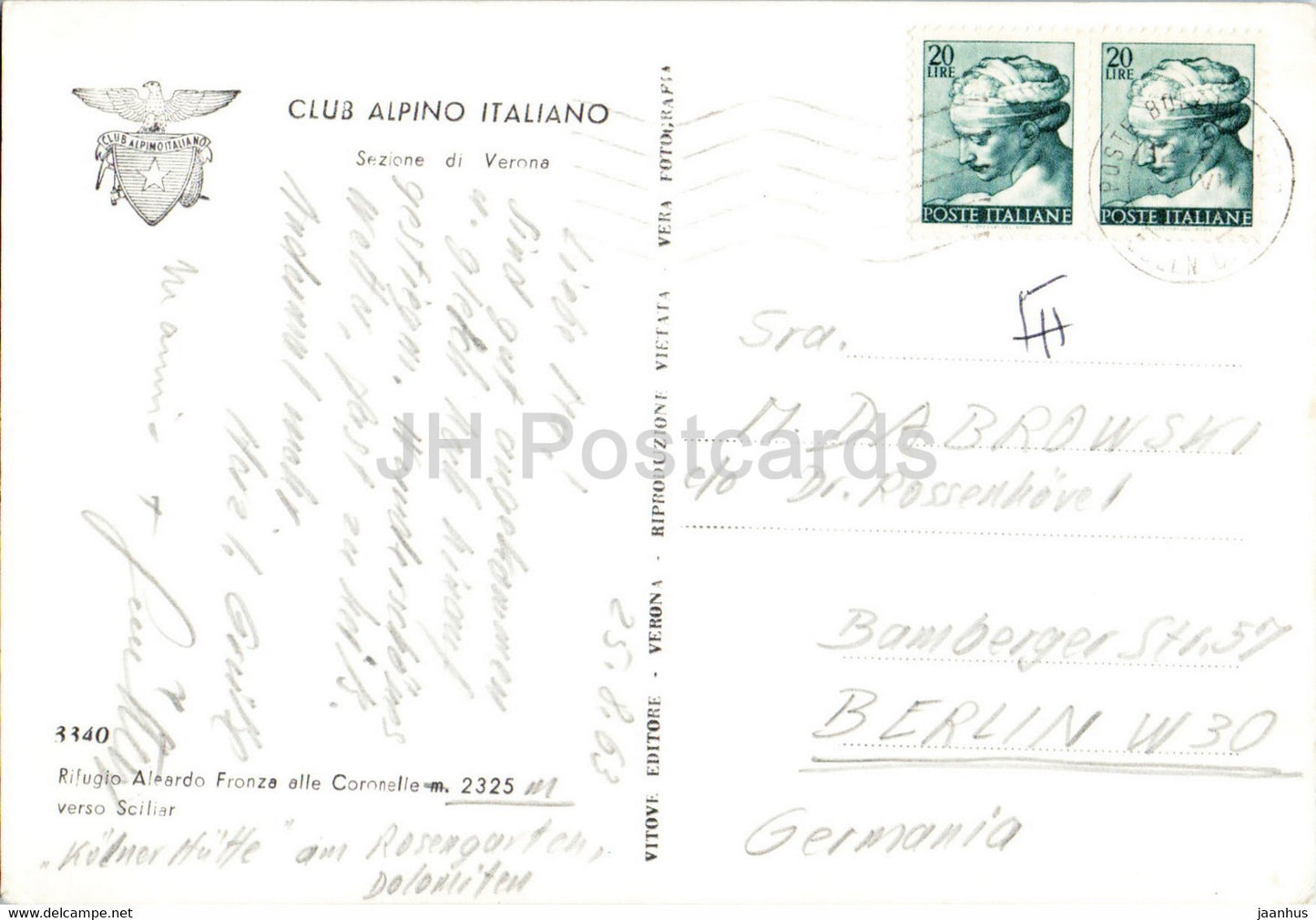 Rifugio Aleardo Fronza alle Coronelle verso Sciliar - Club Alpino Italiano - 1963 - Italie - utilisé