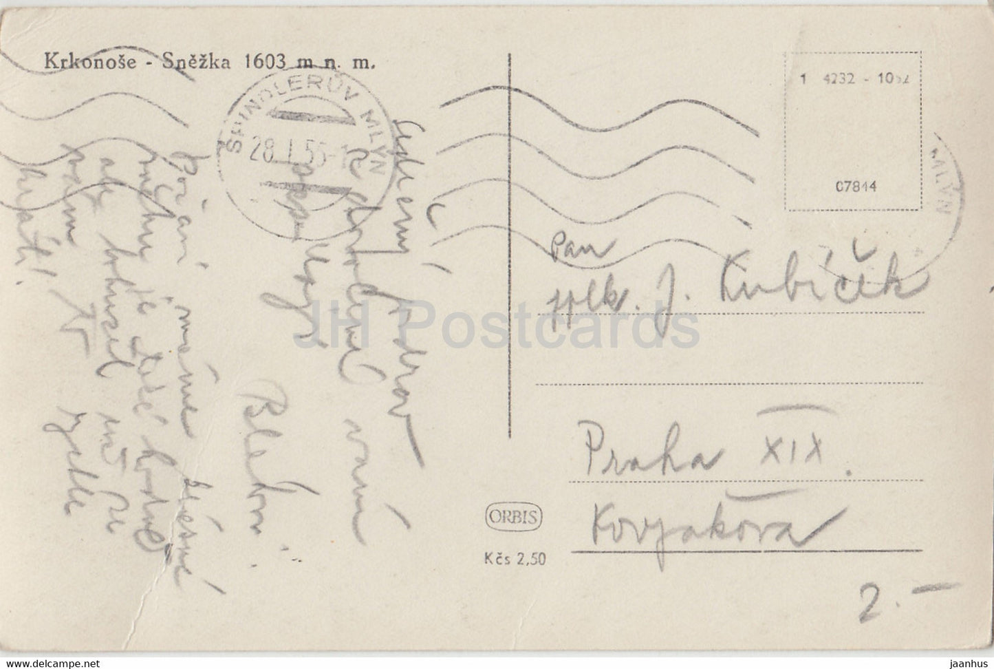 Riesengebirge - Schneekoppe - 1603 m - 590 - alte Postkarte - 1955 - Tschechoslowakei - Tschechische Republik - gebraucht