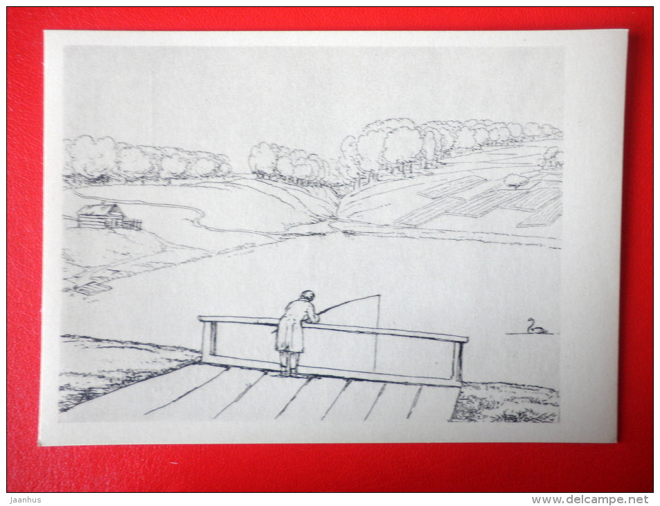 drawing by writer V. Zhukovsky . Landscape with Fisherman - Drawings by Russian Writers - 1961 - Russia USSR - unused - JH Postcards