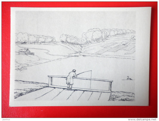drawing by writer V. Zhukovsky . Landscape with Fisherman - Drawings by Russian Writers - 1961 - Russia USSR - unused - JH Postcards
