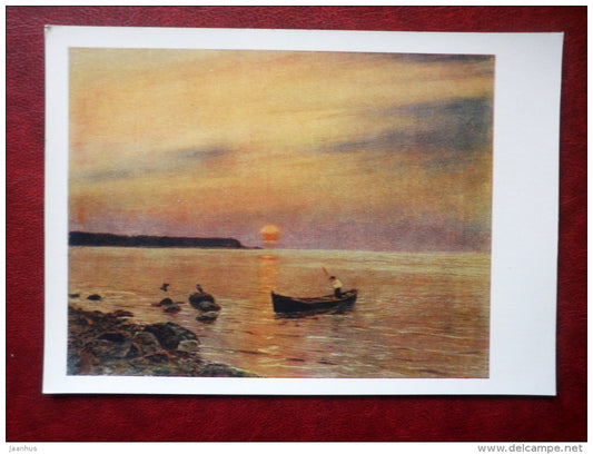 painting by N. Dubovsky , Sunset , 1909 - boat - seashore - russian art  - unused - JH Postcards