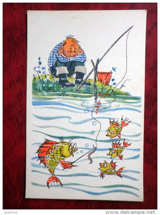 funny hunters and anglers by Orlov, Schwarz  - worm study - angler - fish - fishing rod - 1968 - Russia - USSR - unused - JH Postcards