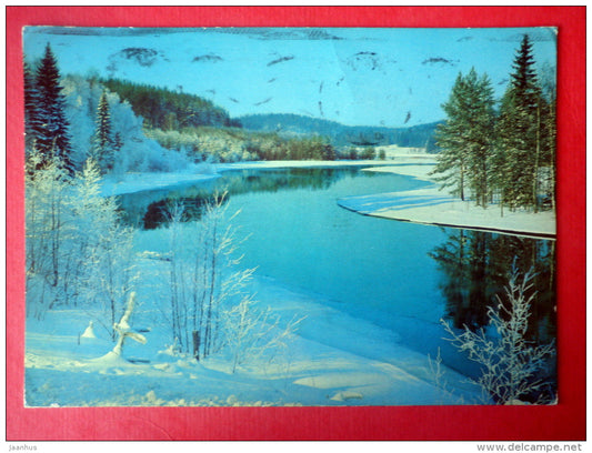Christmas Greeting Card - winter landscape - river - 1879/6 - Finland - sent from Finland Turku to Estonia USSR 1976 - JH Postcards