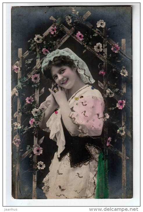 lady - flowers - old postcard - circulated in Estonia - used - JH Postcards