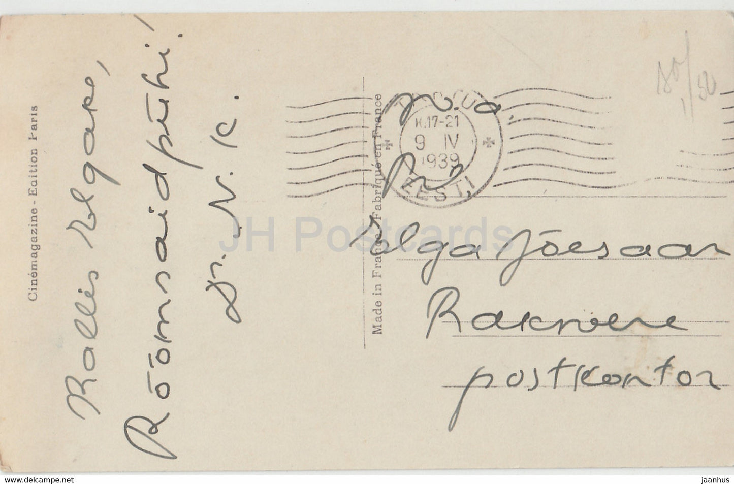 Actrice allemande Lil Dagover - Film - Film - 207 - 1939 - France - carte postale ancienne - utilisé