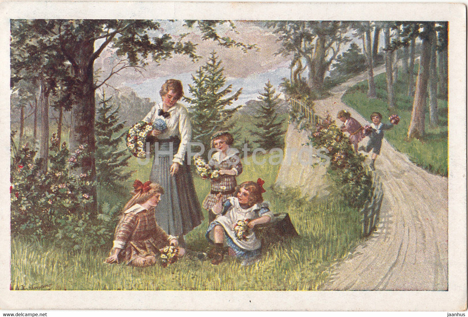 painting by Ad Hartmann - Im Wald und auf der Helde - 2606 - German art - old postcard - Austria - used - JH Postcards