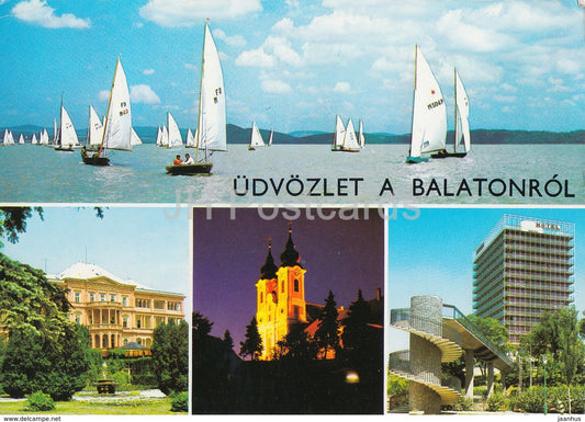 Greetings from the lake Balaton - sailing boat - hotel - church - multiview - 1977 - Hungary - used - JH Postcards