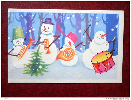 New Year Greeting Card - by L. Malysheva - snowmen - drum - trumpets - hare - 1980 - Russia USSR - used - JH Postcards