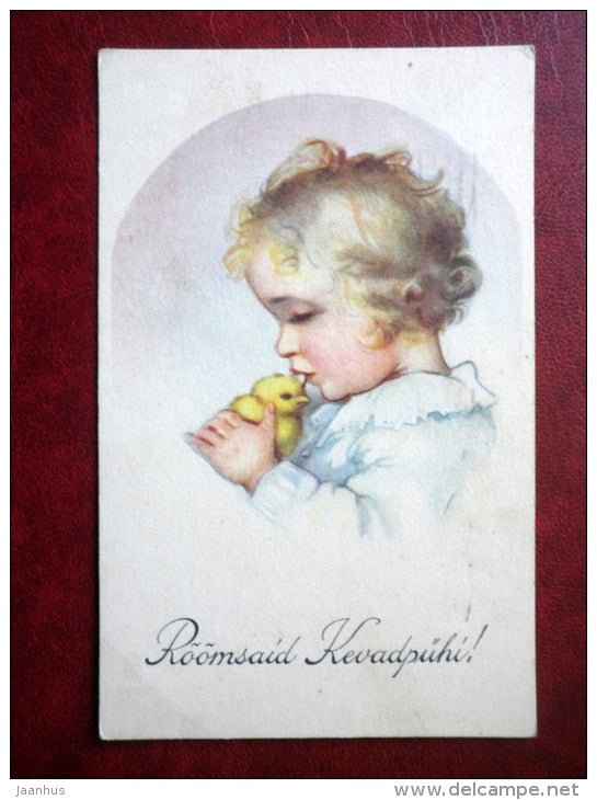 Easter Greeting Card - girl with chicken - HM - circulated in Estonia 1939 , Tallinn - Estonia - used - JH Postcards