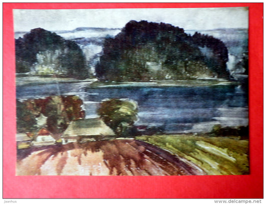 painting by E. Jurkelis - Vestiena . 1967 - houses - aquarelle - latvian art - unused - JH Postcards