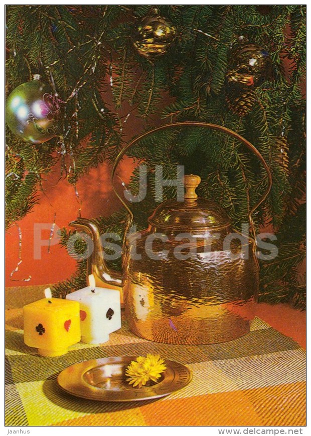 New Year Greeting card - 1 - candles - teapot - 1983 - Estonia USSR - used - JH Postcards
