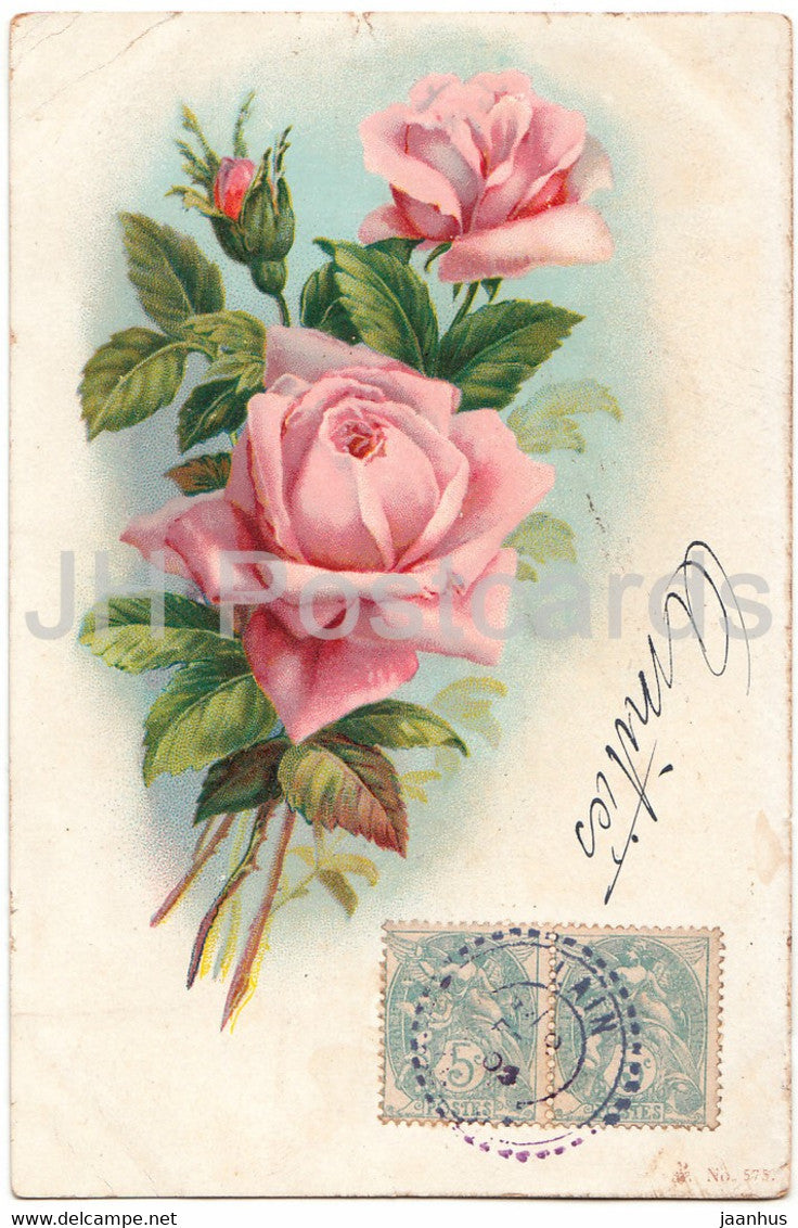 flowers - pink rose - illustration - old postcard - 1905 - France - used - JH Postcards