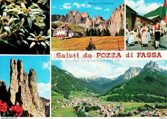 Saluti da Pozza di Fassa - Rifugio Ciampedie - multiview - 1971 - Italy - used - JH Postcards