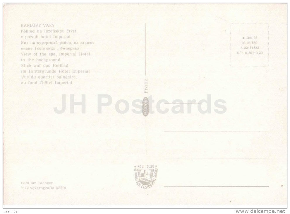 Karlovy Vary - Karlsbad - spa - View of the Spa , Imperial hotel in the background - Czechoslovakia - Czech - unused - JH Postcards