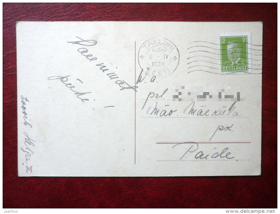 Easter Greeting Card - girl with chicken - HM - circulated in Estonia 1939 , Tallinn - Estonia - used - JH Postcards