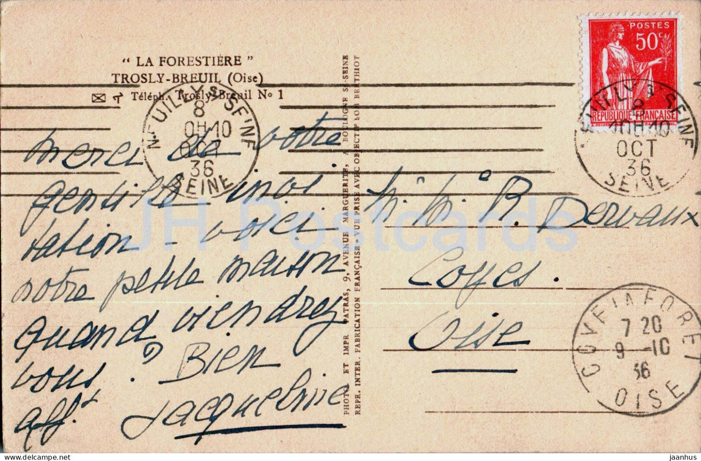 La Forestiere - Trosly Breuil - alte Postkarte - 1936 - Frankreich - gebraucht 