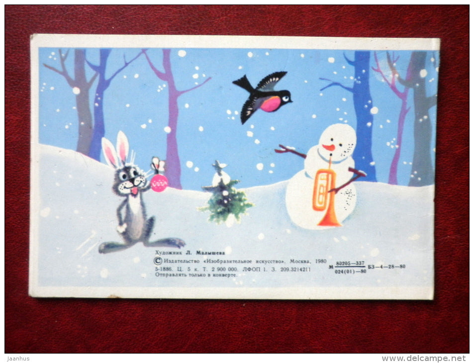 New Year Greeting Card - by L. Malysheva - snowmen - drum - trumpets - hare - 1980 - Russia USSR - used - JH Postcards