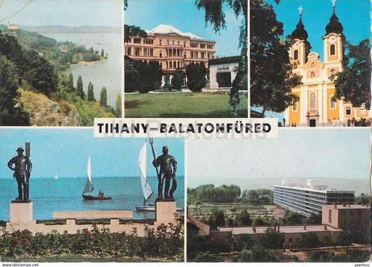 Balaton - Tihany - Balatonfured - hotel - church - sculpture - multiview - 1970s - Hungary - used - JH Postcards