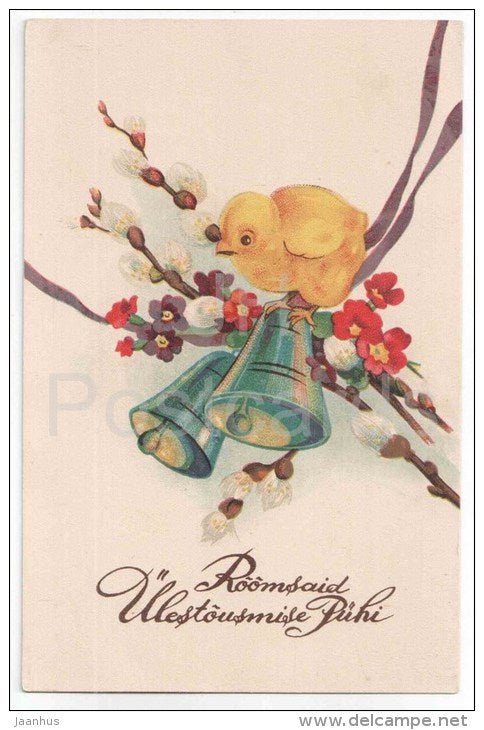 Easter Greeting Card - catkins - chicken - bells - OL 367 - old postcard - circulated in Estonia - JH Postcards