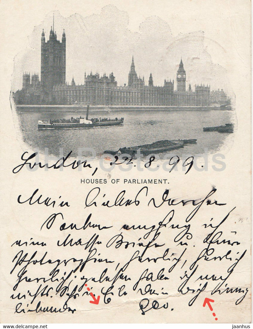 London - Houses of Parliament - steamer boat - old postcard - 1899 - England - United Kingdom - used - JH Postcards