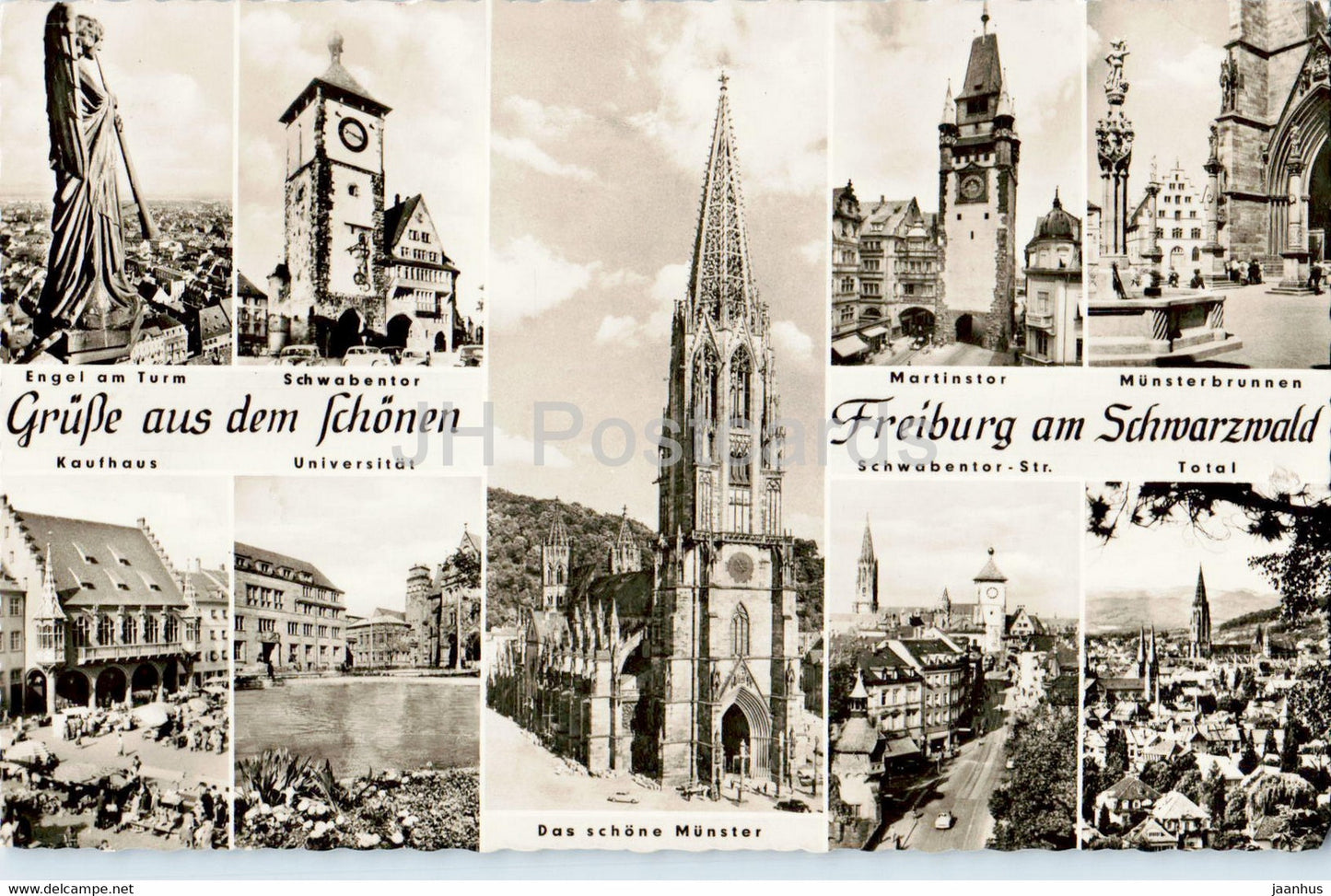 Grusse aus dem schonen Freiburg am Schwarzwald - Munster - cathedral - old postcard - 1955 - Germany - used - JH Postcards