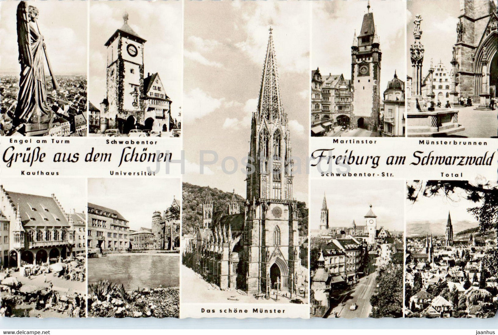 Grusse aus dem schonen Freiburg am Schwarzwald - Munster - cathedral - old postcard - 1955 - Germany - used - JH Postcards