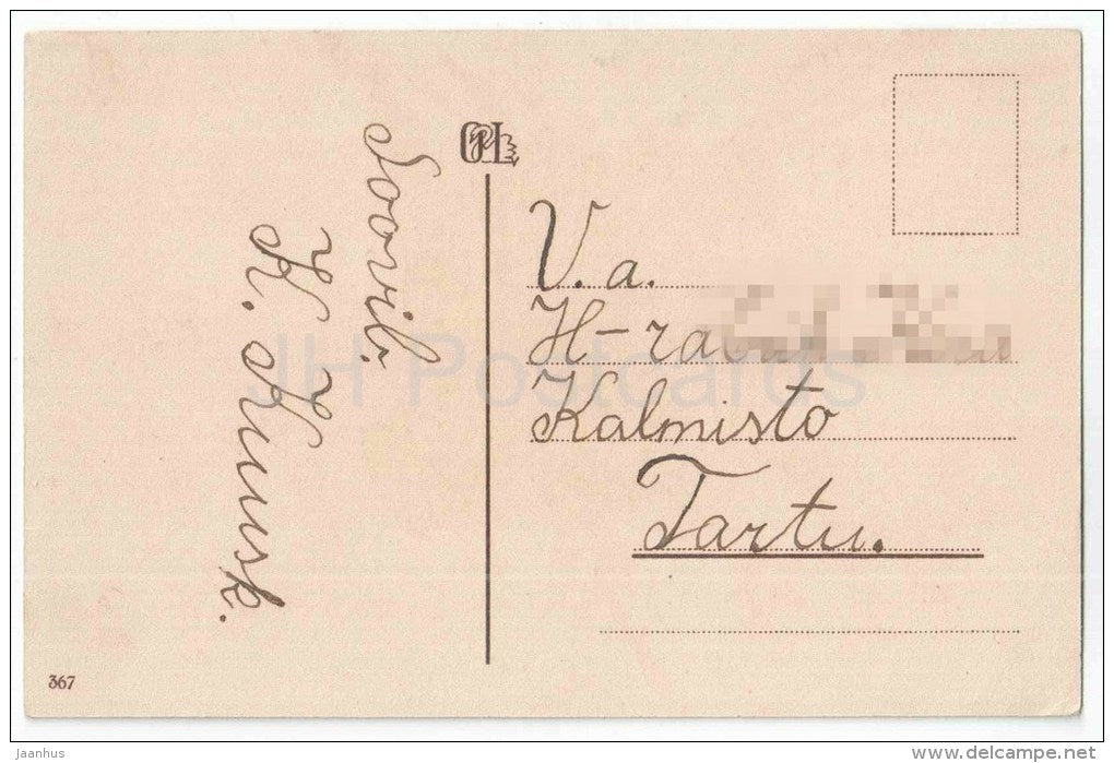Easter Greeting Card - catkins - chicken - bells - OL 367 - old postcard - circulated in Estonia - JH Postcards