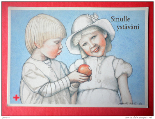 illustration by Matti Kota - girl and boy - apple - Red Cross - 5860/1 - Finland - circulated in Finland 1987 - JH Postcards