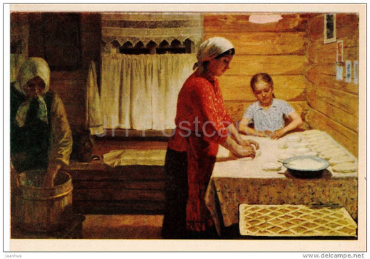 painting by Y. Kugach - On the Eve of a Holiday , 1962 - family - baking - russian art - unused - JH Postcards