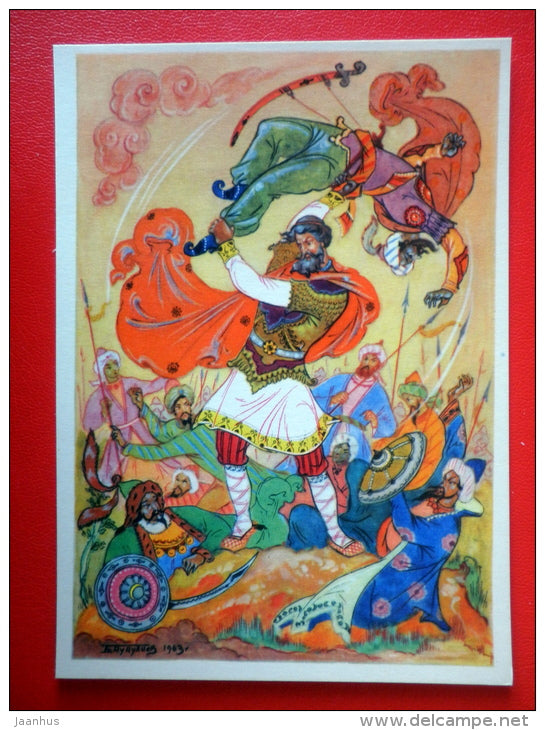 illustration by B. Kukuliyev - Ilya Muromets and Kalin Tsar - soldiers - Russian Epics - 1963 - Russia USSR - unused - JH Postcards